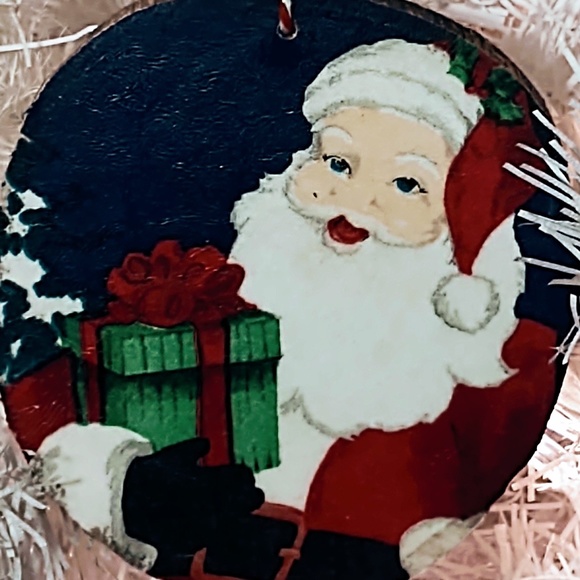 Hand Crafted Decoupage Wooden Christmas Ornament/Vintage Santa Claus w/Present - Picture 3 of 3